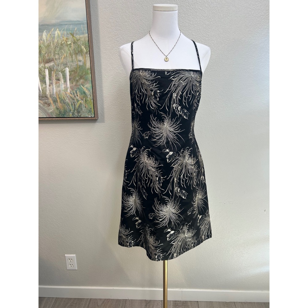 Vintage Black Satin‎ Floral Mini Dress